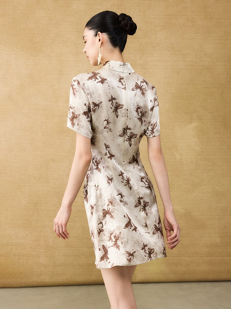 HECO Chinese Style Stand Collar Cut-out Pleated Short Cheongsam Dress - BIRD.