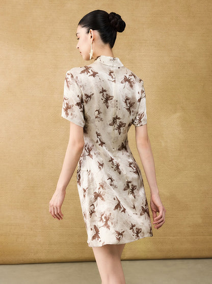 HECO Chinese Style Stand Collar Cut-out Pleated Short Cheongsam Dress - BIRD.