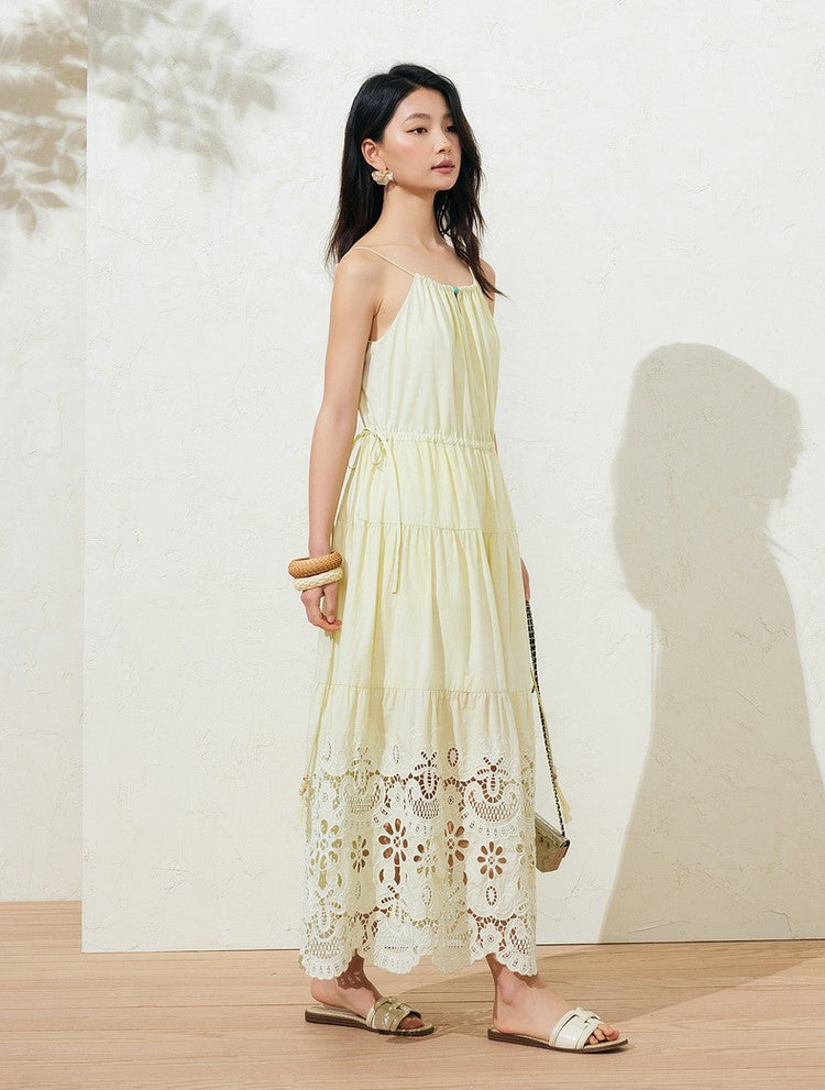 Sushe French Resort Quilted cotton embroidered lace loose A-line long slip dress-LUCY