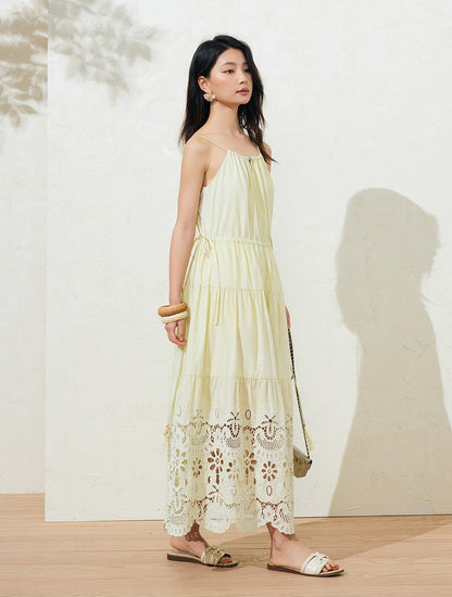 Sushe French Resort Quilted cotton embroidered lace loose A-line long slip dress-LUCY