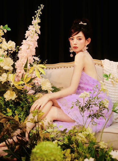 DOLLY High End French Style Violet Sleeveless Halter Neck Loose Dinner Dress-Flower  (V)