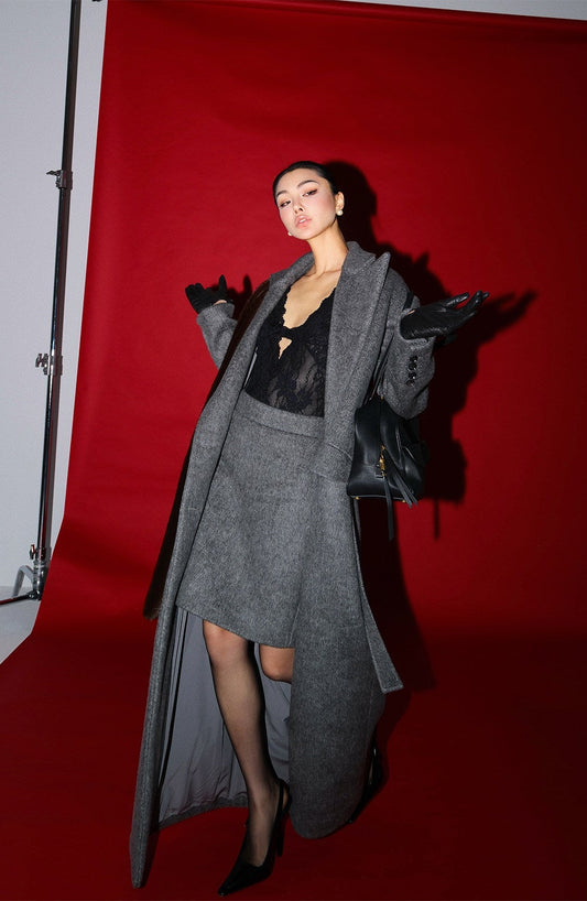 MEI SANGUAN Wool Gray Jacket & One-Step Skirt Set- ISAAC