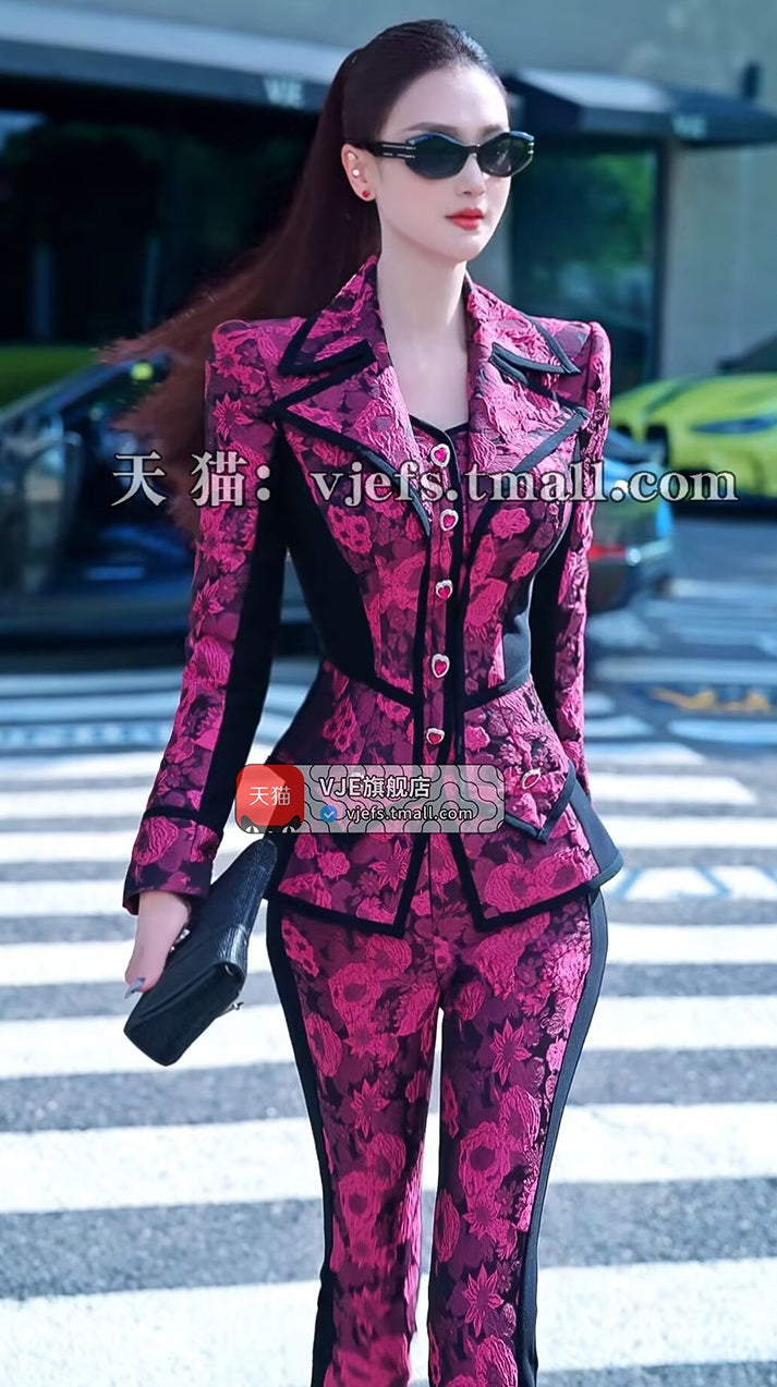 VJE Jacquard Suit Micro Flared Pants Two-Piece Set Slim OL Suit-NAMS.