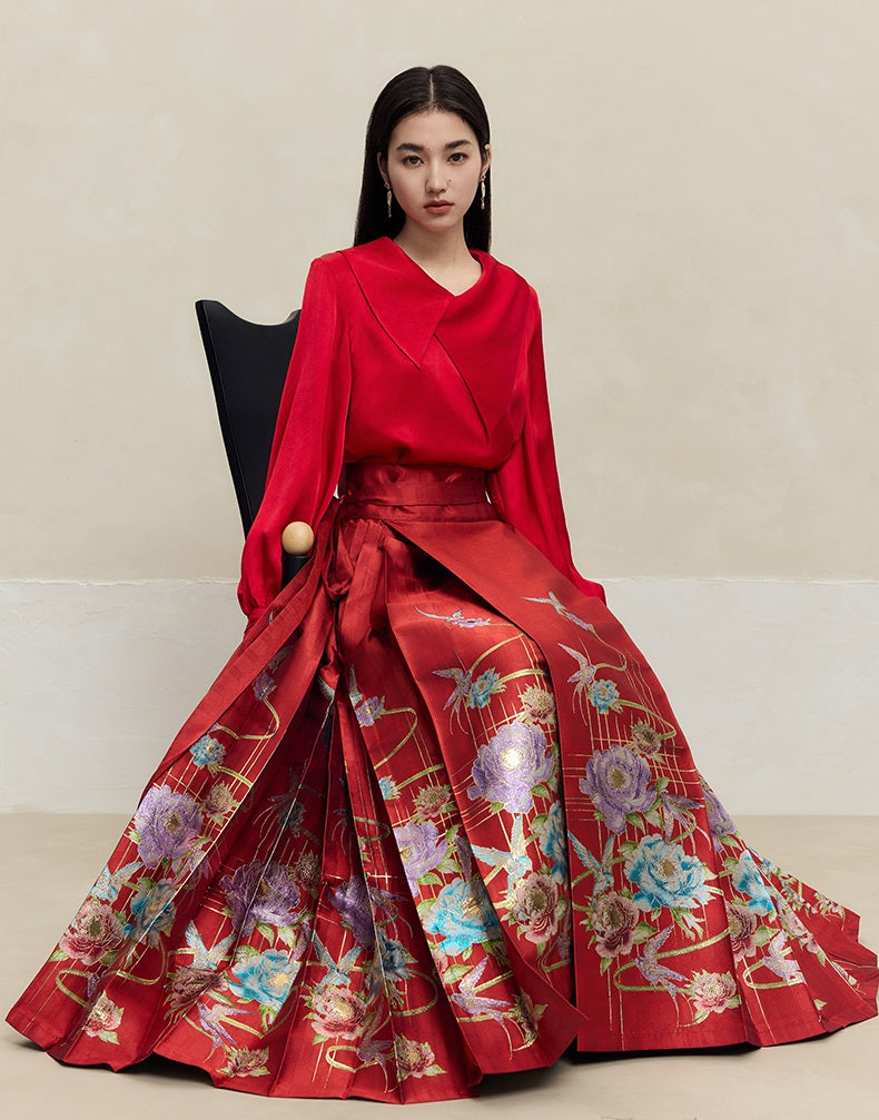 HECO 100% polyester Yarn-Dyed Hanfu Horse Face red black Skirt Woman - proud.