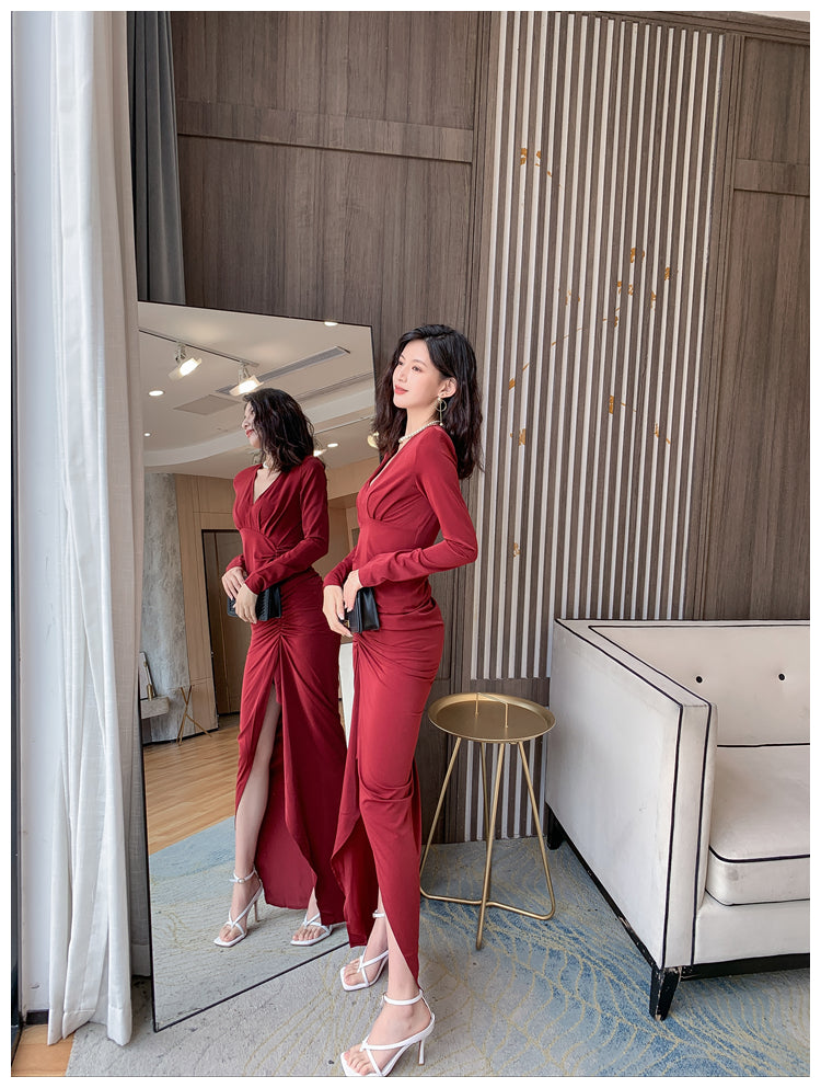 DOLLY Retro Style V-Neck Long Sleeve Pleated Waist Long Slit Dinner Dress-NEYO