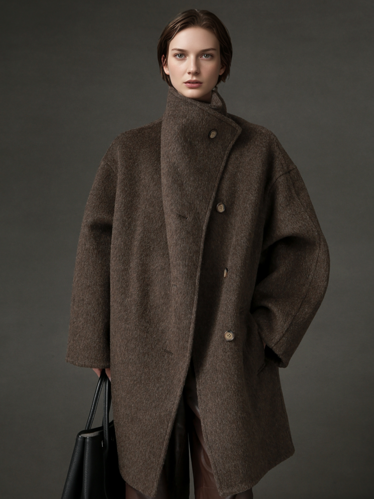 PIAOIN European collar design high-end double-sided wool tweed coat -BLOSSOM