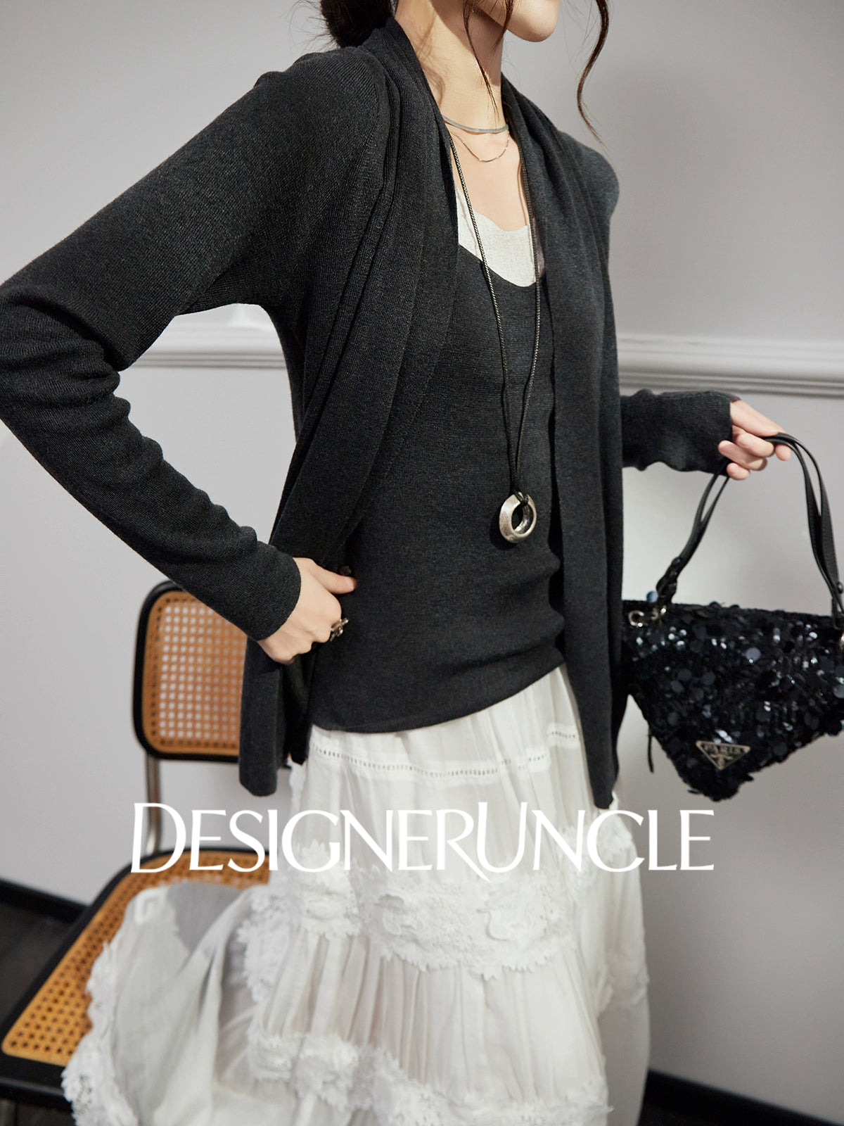 DGU "Moqin" dark flower gray jacket new lazy style design loose cardigan - Avery.