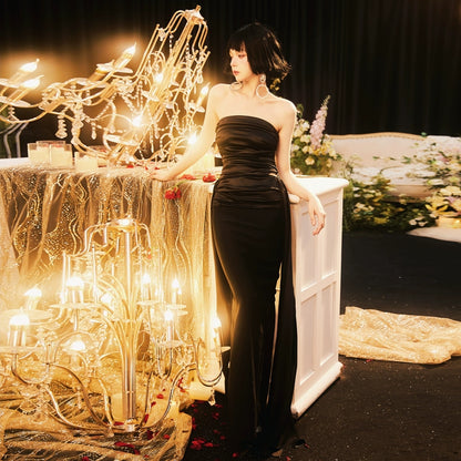 DOLLY Luxury Black Pleated Chest Wrap Off Shoulder High Waist Long Evening Dress-ZOE