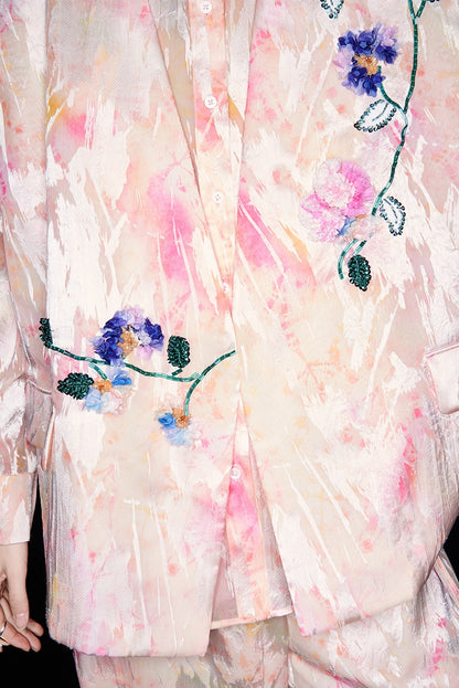 M essential Mackay designer iridescence crepe workshop raffia multi-floral gilet - STEPH.