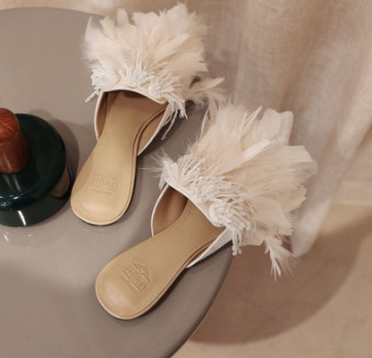 B-FEI White rhinestone feather slippers-ANDY.