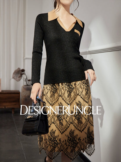 DGU "Qimo" black knitted sweater V-neck fashion high-end commuter top - BUGGY.