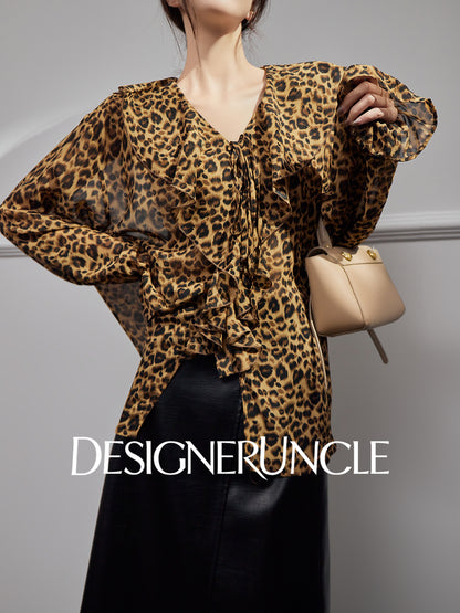 DGU |Leopard print light luxury niche loose retro V-neck design long-sleeved top - GLORY.