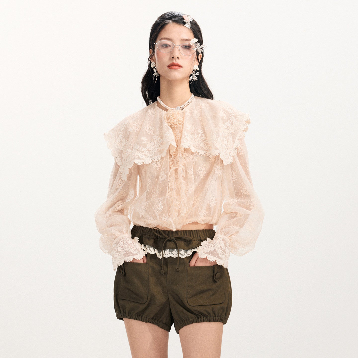 FAME Bouquet Embroidered Lace Shawl Collar Sheer Smock Top - ANGELA.