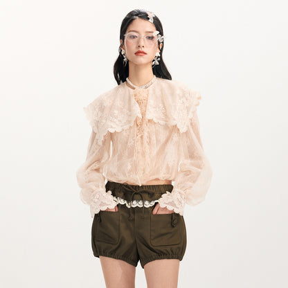 FAME Bouquet Embroidered Lace Shawl Collar Sheer Smock Top - ANGELA.
