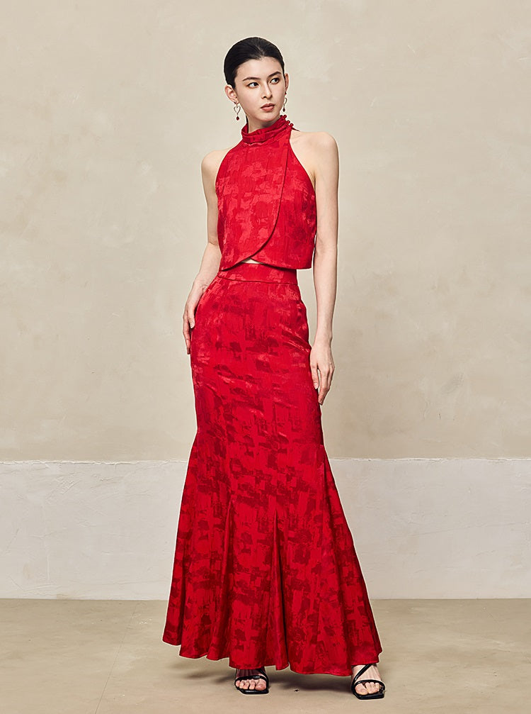 HECO Jacquard Fishtail High Waist Red Purple White Skirt Women - GRAVITY.