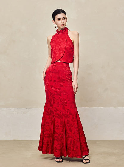 HECO Jacquard Fishtail High Waist Red Purple White Skirt Women - GRAVITY.