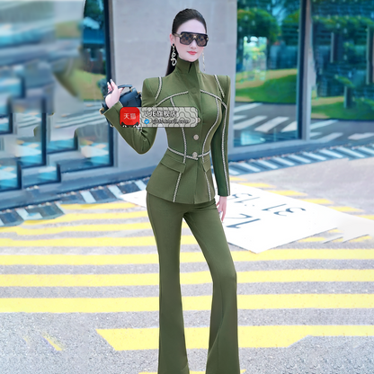 VJE  Denim Suit Webbing Jacket Micro Flared Pants Two-Piece Set - OPO.