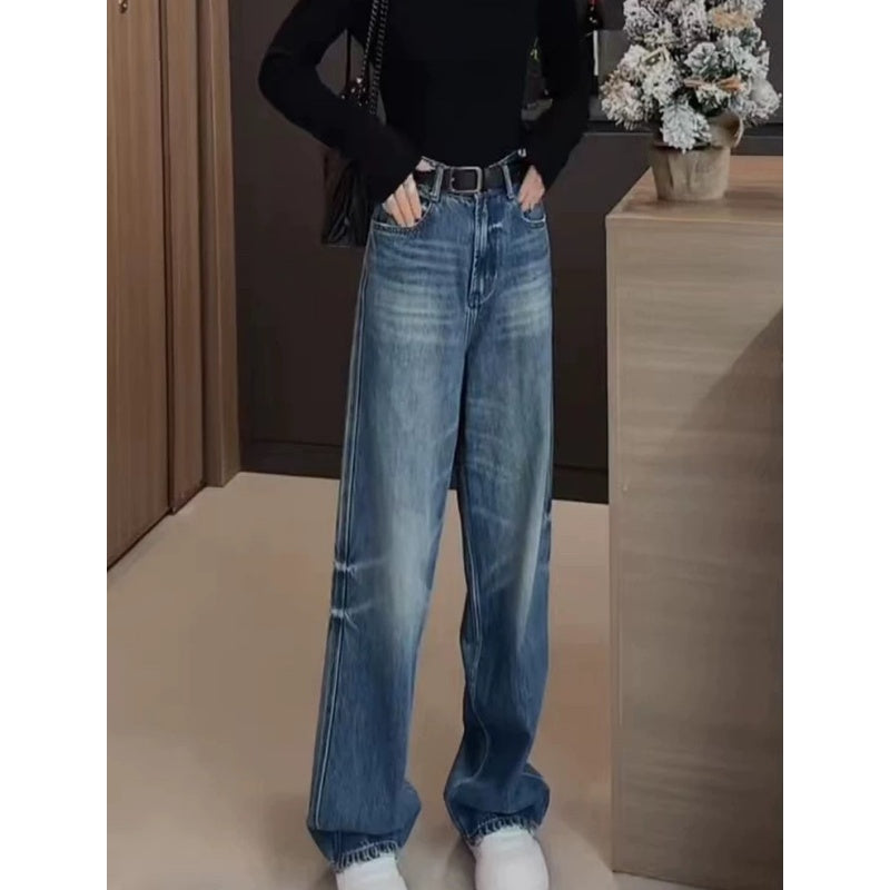 PIAOIN retro  wash jeans women's slim straight pants jeans -CLARA