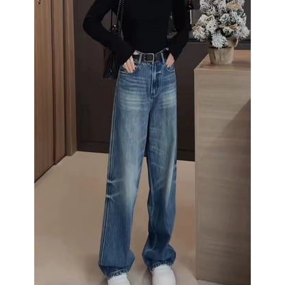PIAOIN retro  wash jeans women's slim straight pants jeans -CLARA