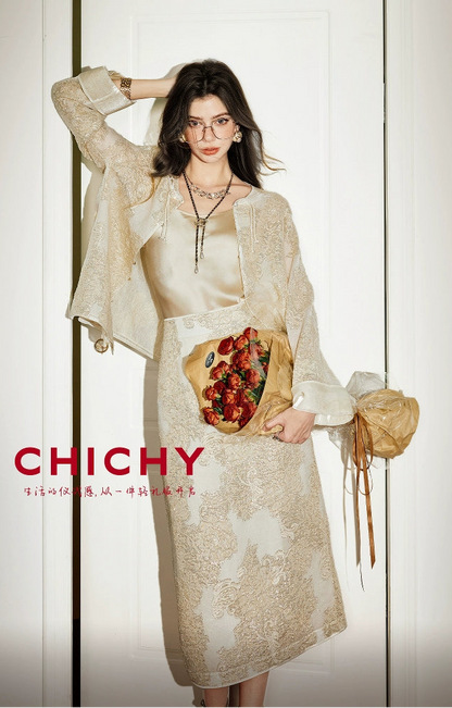 CHICHY mulberry silk national style embroidery jacquard top long skirt set-DINA