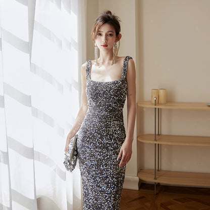 DOLLY Elegant Retro Style Square Collar Sleeveless Sequin Body Hug Evening Dress-HARPER