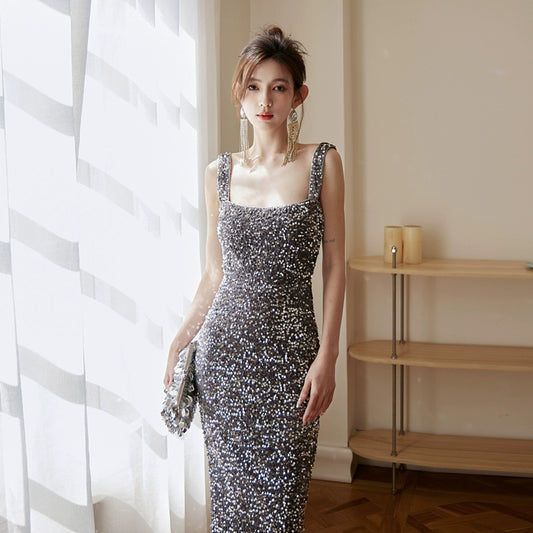 DOLLY Elegant Retro Style Square Collar Sleeveless Sequin Body Hug Evening Dress-HARPER