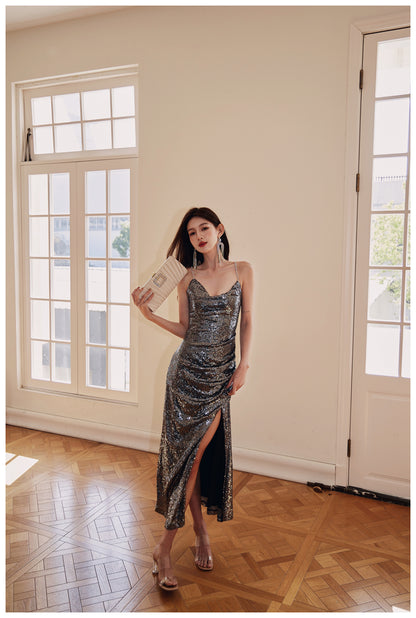 DOLLY High End V-Neck Sleeveless Long Slit Sequin Body Hug Evening Dress-KIM