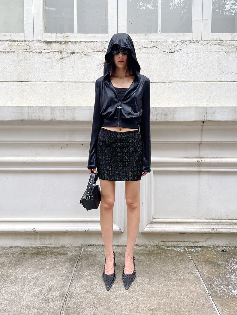 ANNAKIKI designer style back logo hot diamond waist hooded jacket-DAIKI
