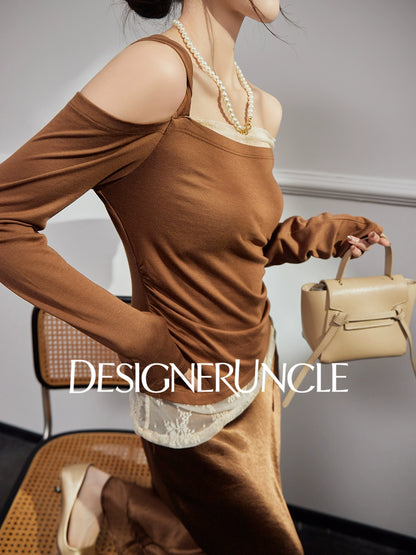 DGU "Twilight" coffee lace contrasting retro loose slimming temperament top - STRAT.