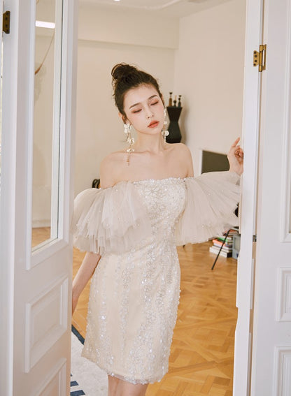 DOLLY Elegant White Flower Off Shoulder Short Puff Sleeves Short Dinner Dress-OTHELLA