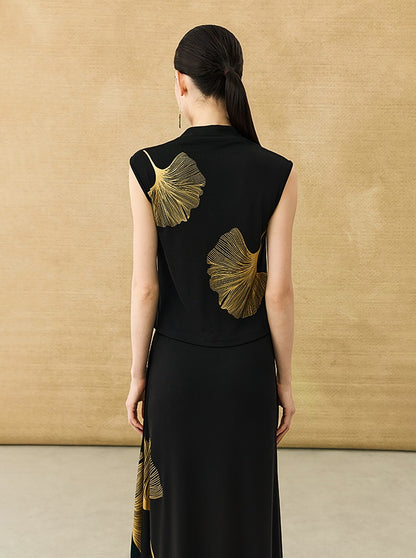 HECO Chinese Style Elegant Swing Neck Sleeveless Ginkgo Biloba Print T-Shirt - BOBA.
