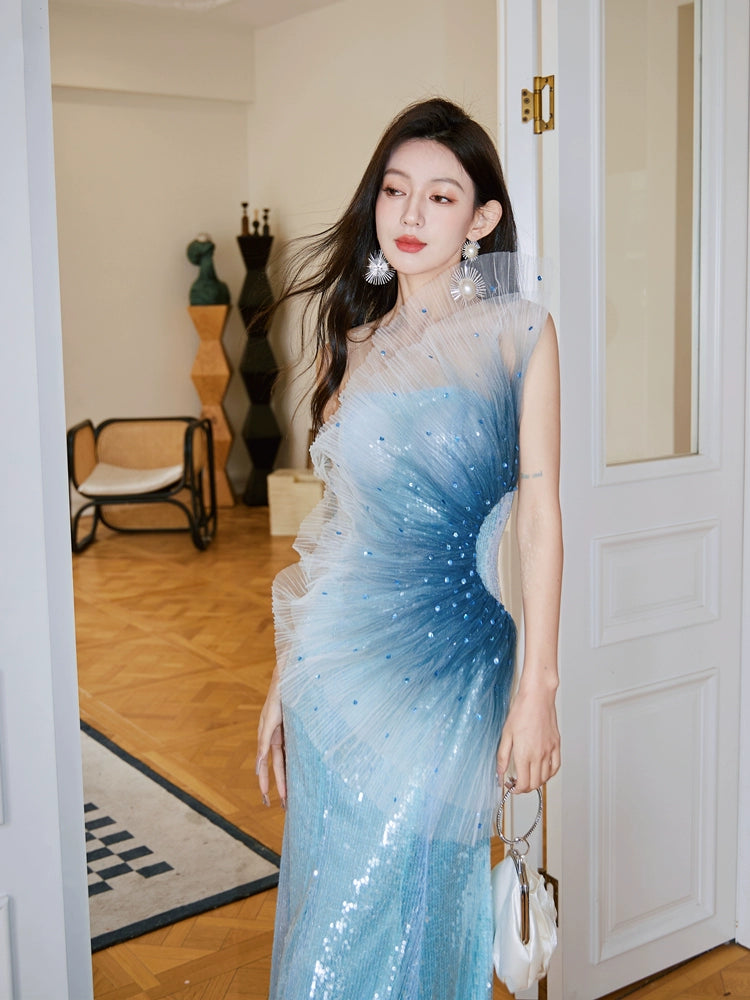 DOLLY Luxury Blue Sleeveless Mesh Bandeau High Waist Long Fish Tail Cocktail Dress-SENORA
