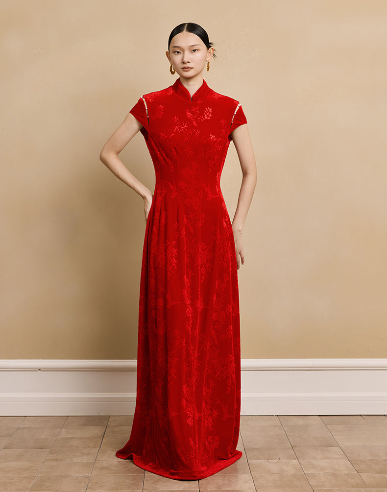 HECO Velvet Embossed Red Black Long Dress Women's- EXPECT.
