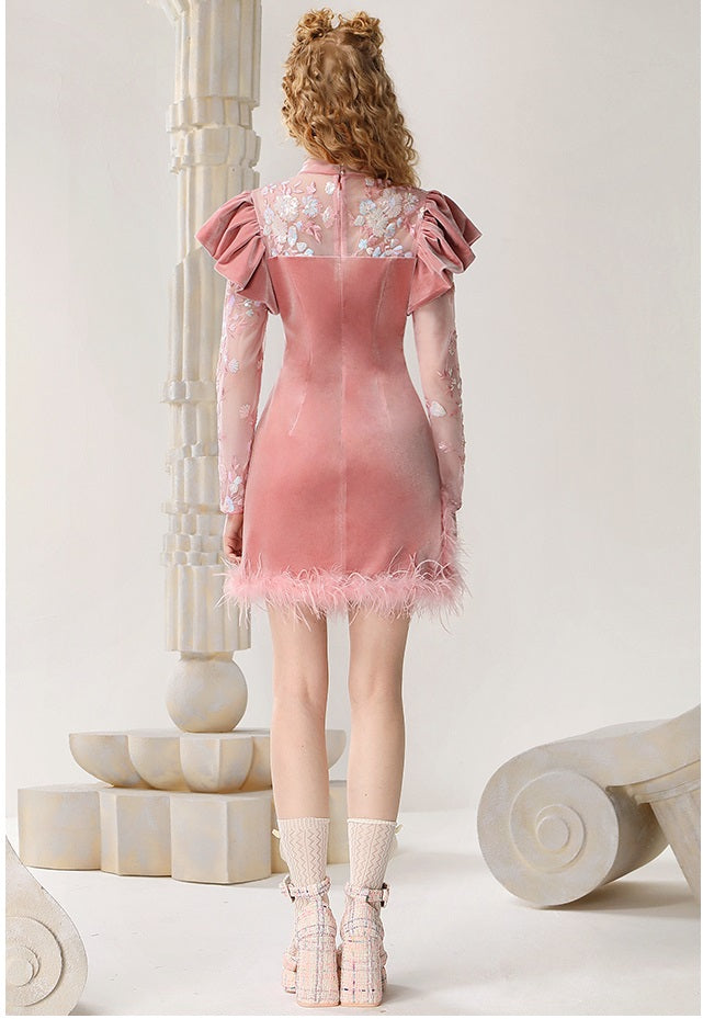 CHECOCRE Elegant Collar Beads Feather Stitched Hip Pink Short Dress - AMOS