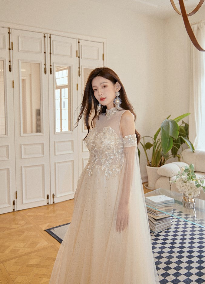 DOLLY Elegant Flower Stand Collar Sleeveless High Waist Tutu Wedding Dress-BELINDA