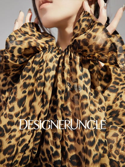 DGU |Leopard print light luxury niche loose retro V-neck design long-sleeved top - GLORY.