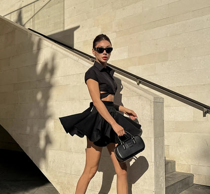 Le Palais Vintage black wrap short shirt ruffled puffy skirt-CALCIFER.