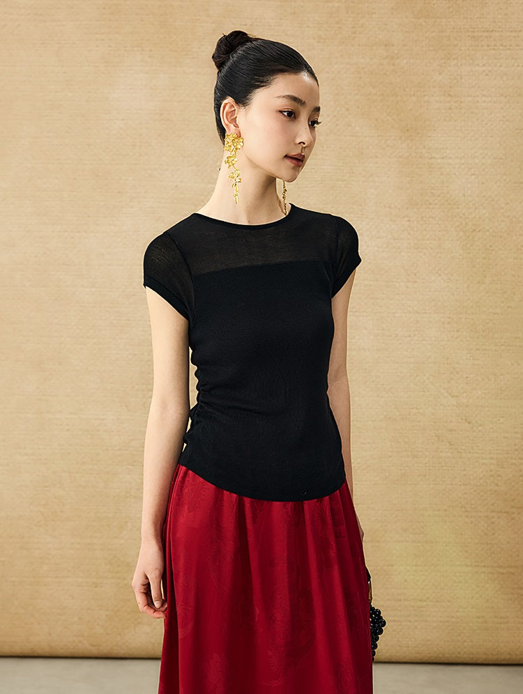 HECO Chinese style slightly transparent round neck knitted short sleeve T-shirt -BING.