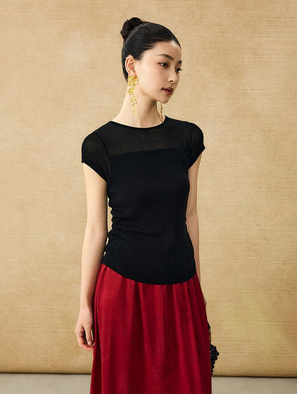 HECO Chinese style slightly transparent round neck knitted short sleeve T-shirt -BING.