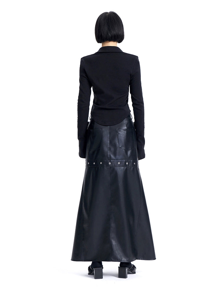 TINY IN High Waist Leather Panelled Fishtail Black Skirt-RIHA