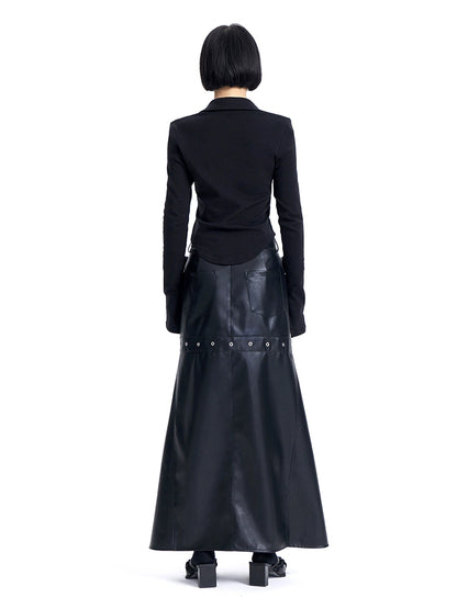 TINY IN High Waist Leather Panelled Fishtail Black Skirt-RIHA