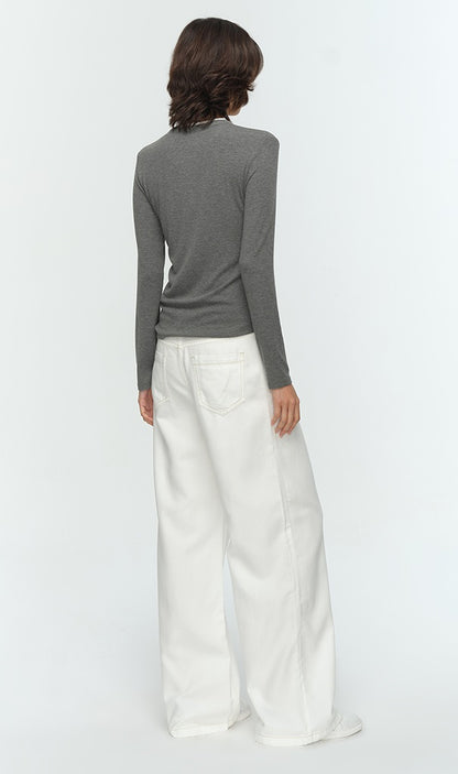 COMME MOI Lu Yan designer new women's clothing Henry collar color-blocked slim T-shirt- CHAOS.