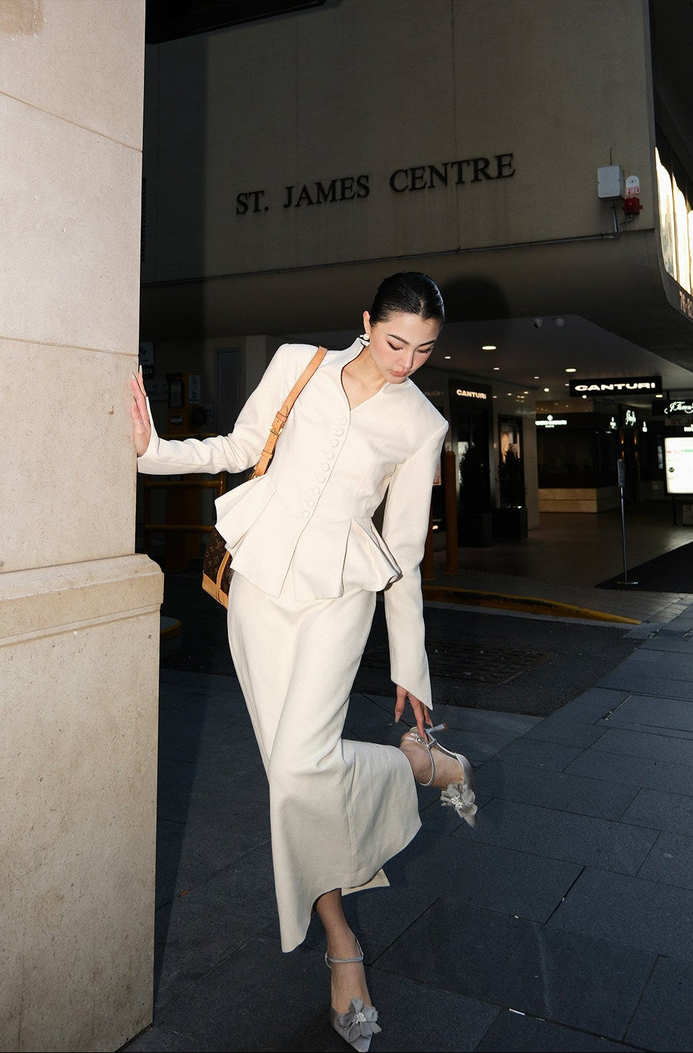 MEI SANGUAN beige new Chinese umbrella top & straight skirt set - AVARICE