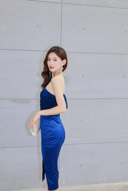 DOLLY Elegant Royal Blue One Shoulder Chest Wrap Slim Fit Slit Dinner Dress-ALLEGRA