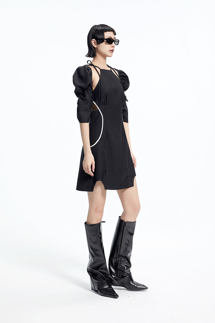 TINY IN panelled detachable sleeve in black dress -COPPER