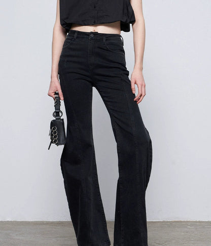 ANNAKIKI Black Wavy Silhouette Slim Denim Wide-Leg Pants-MAPLE