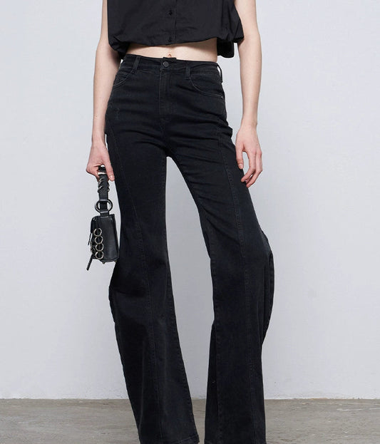 ANNAKIKI Black Wavy Silhouette Slim Denim Wide-Leg Pants-MAPLE
