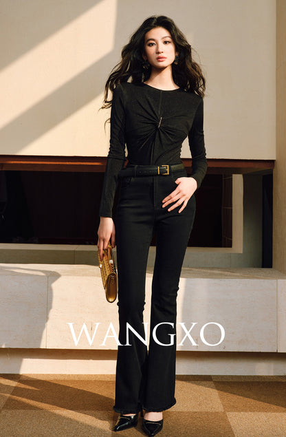 WANGXO | Star Shiny Silk Knit Accented Slim-Fit Top - NOLA.