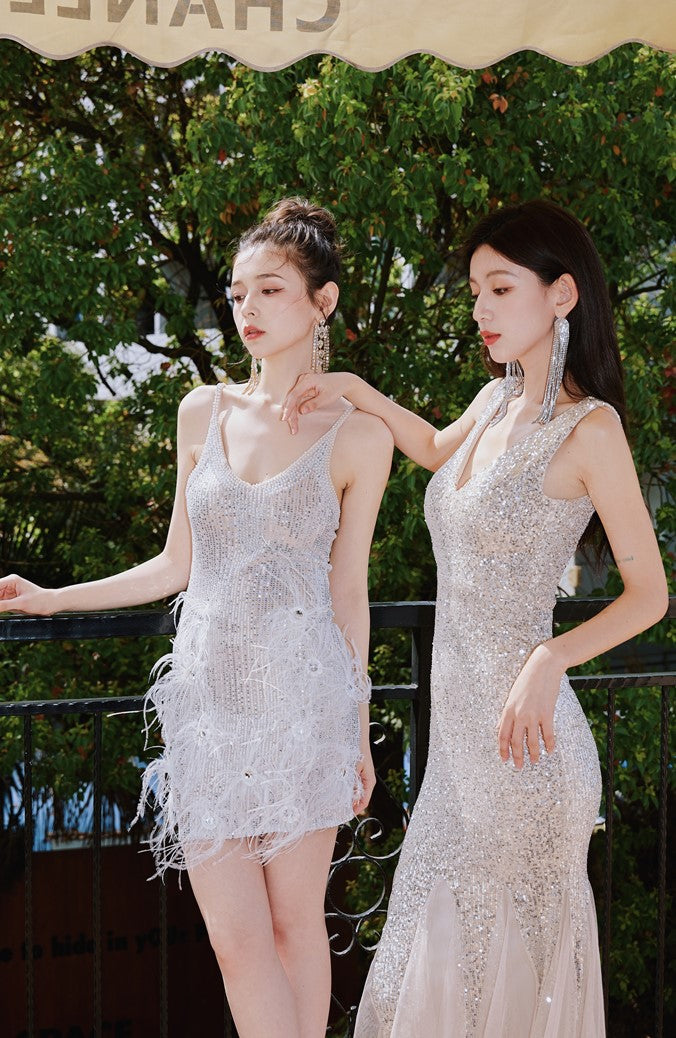 DOLLY Luxury Sliver V-Neck Sleeveless Beaded Sequin Feather Short Dress-JULIA