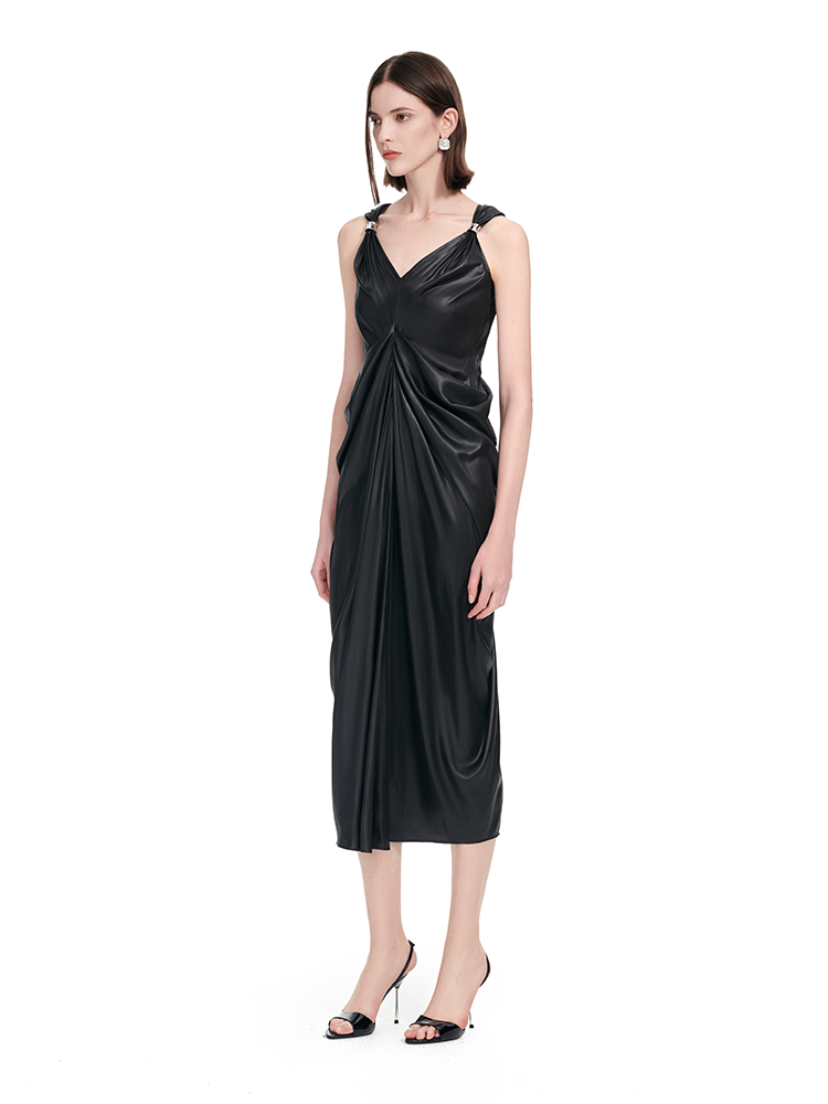 YES BY YESIR | Ye Qians Pleated Romantic Long Dress with Sculptural Ring Ornament-AMELINA.